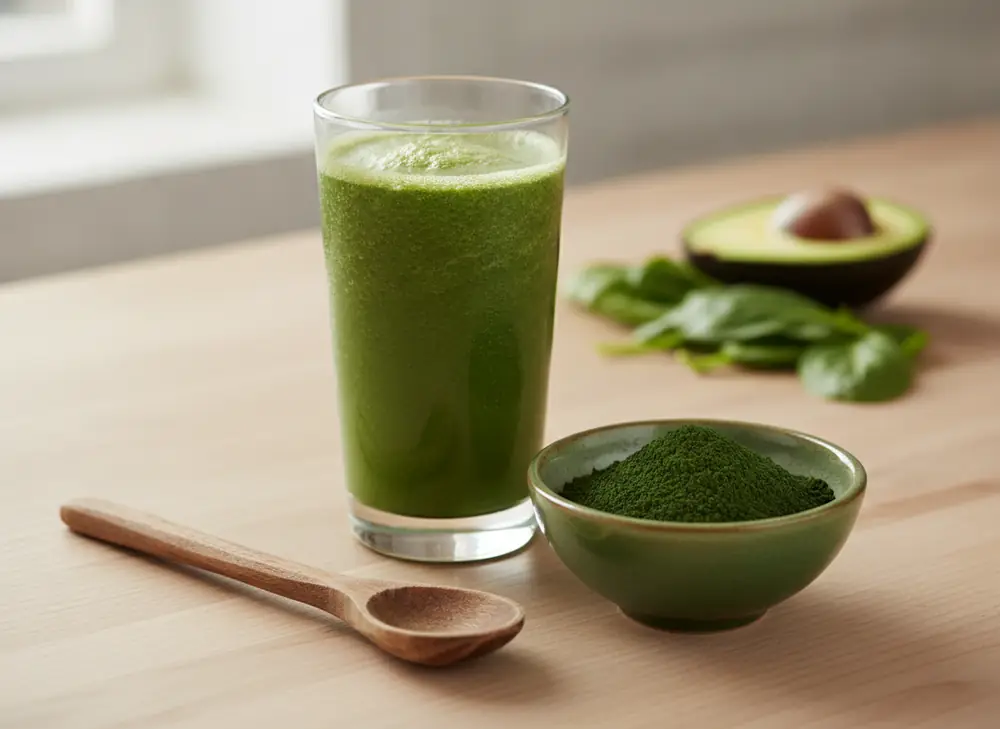 Chlorella powder next to a green smoothie – properties and uses