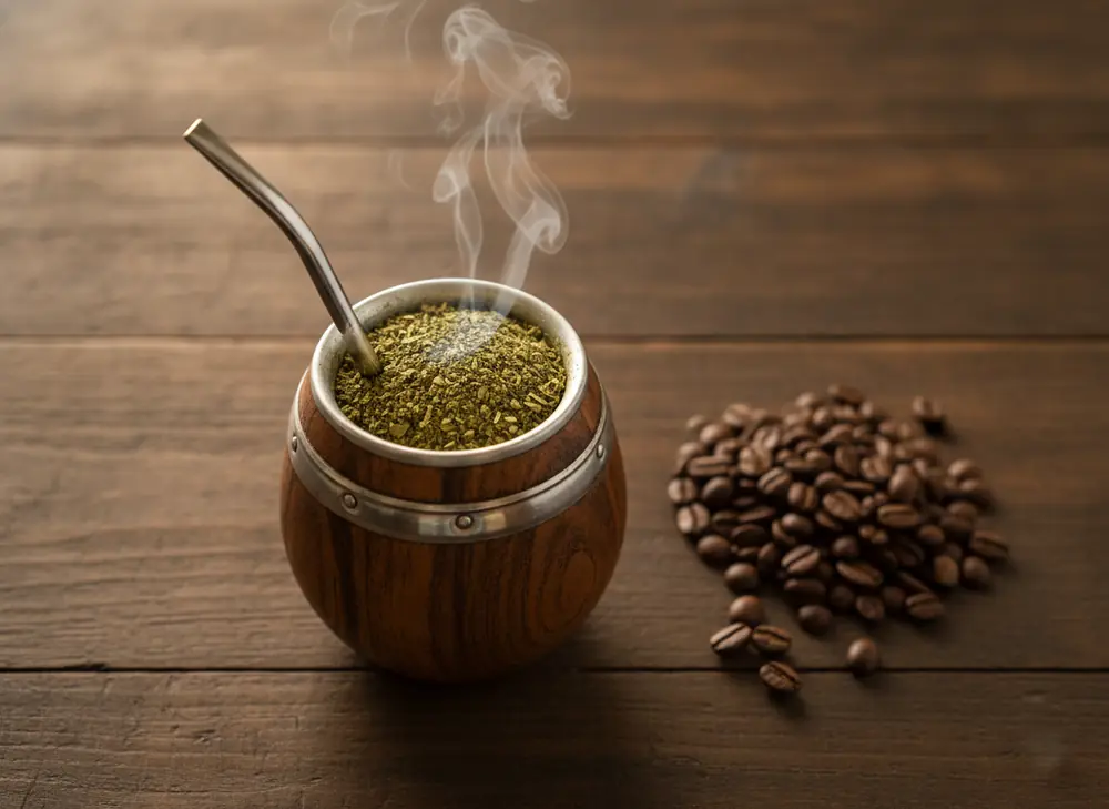 A matero with steaming yerba mate next to coffee beans – comparing caffeine content