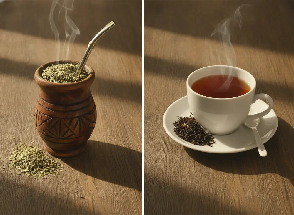 Yerba mate tea – comparison: matero with bombilla and yerba next to a cup of black tea