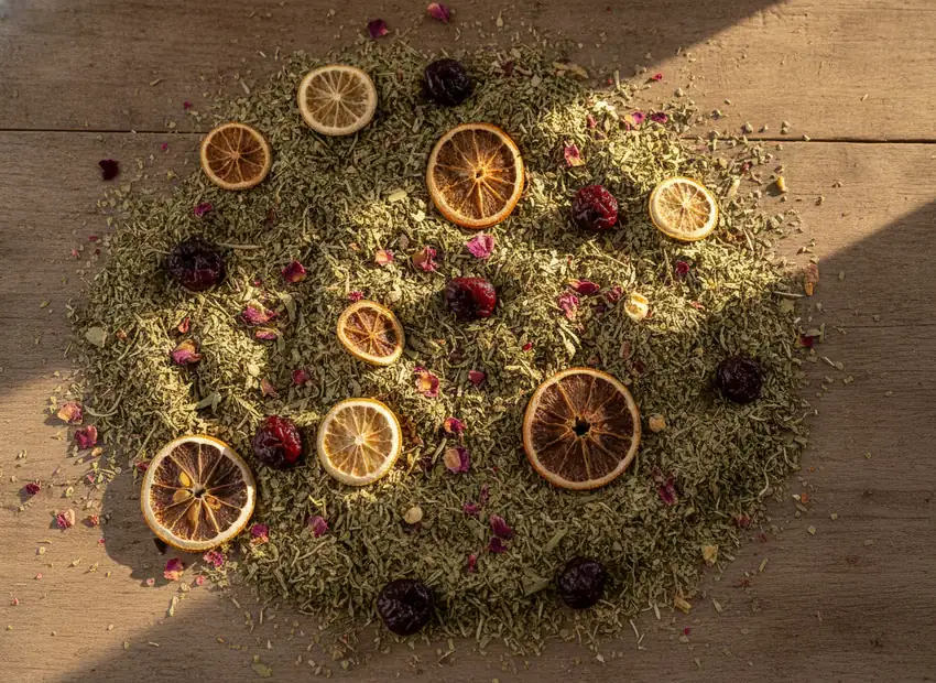 Flavored yerba mate with dried fruit and rose petals on a wooden table