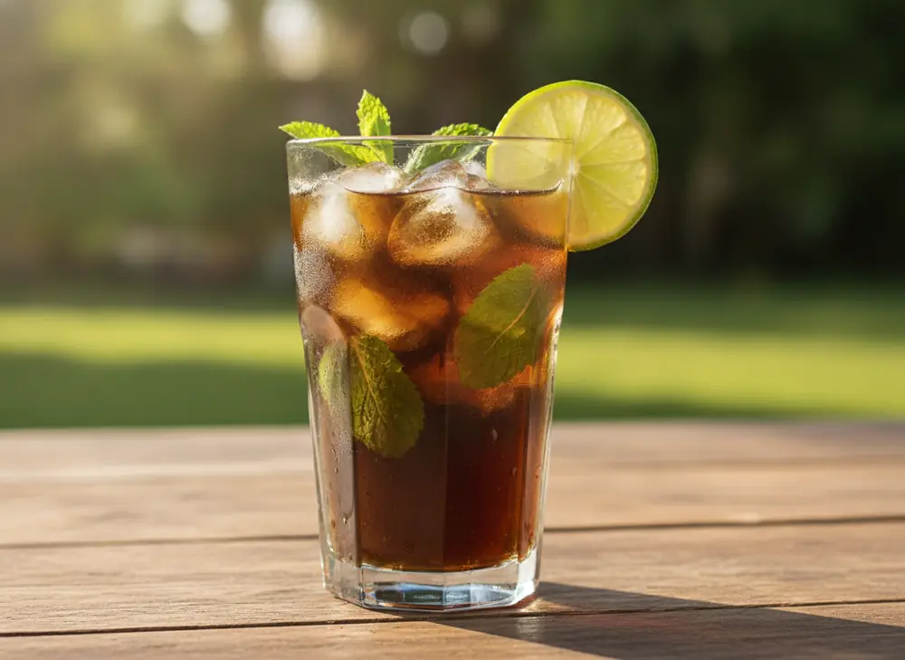 A glass of chilled flavored yerba mate with lime, ice and mint