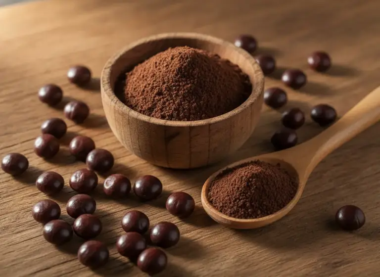 Guarana powder – dark brown powder and raw seeds in a wooden bowl