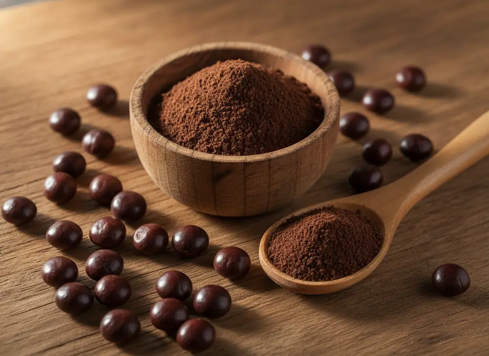 Guarana powder – dark brown powder and raw seeds in a wooden bowl