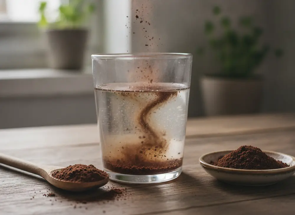 Guarana powder dissolving in a glass of water, next to a wooden spoon with powder