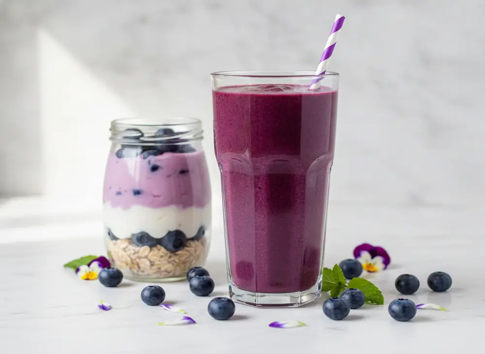 Purple acai berry smoothie and overnight oats with acai cream