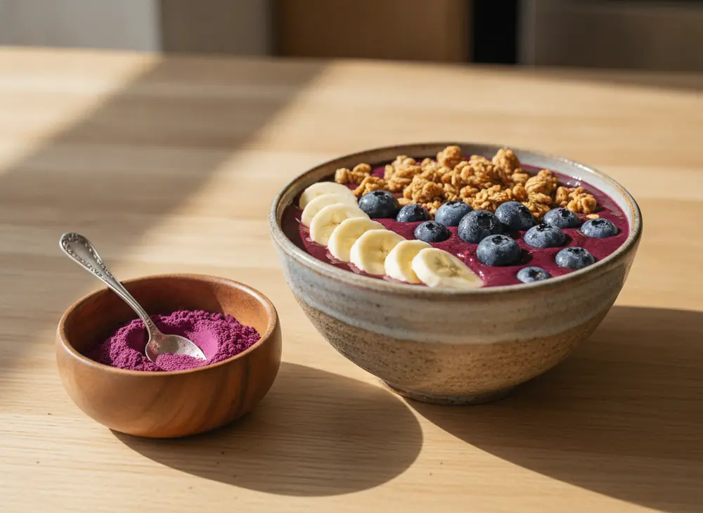 Acai berries – purple smoothie bowl with acai powder, granola and blueberries