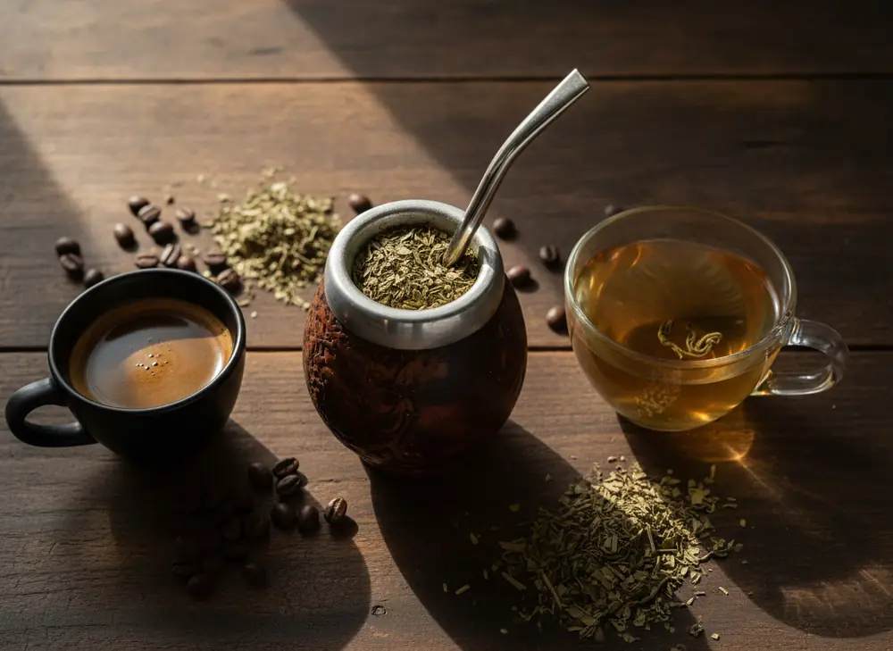 Coffee, yerba mate in a calabash, and tea side by side - a comparison of caffeine content