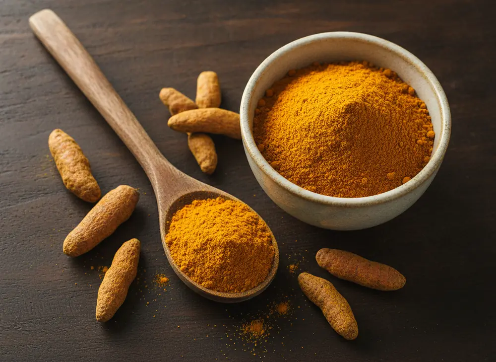 Turmeric powder in a bowl and on a wooden spoon next to raw rhizomes
