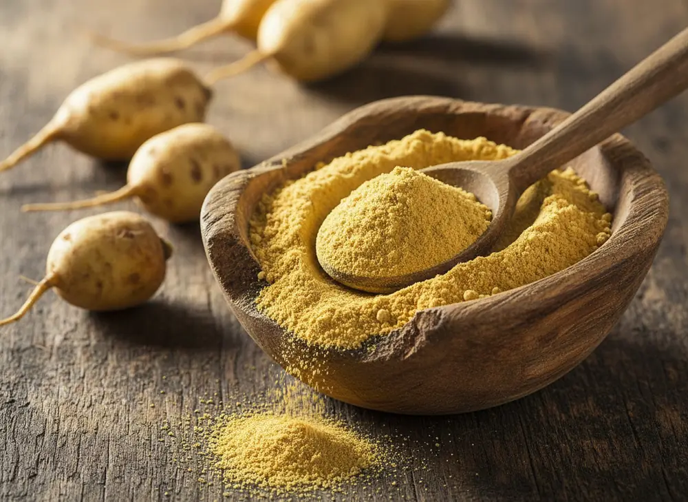 Maca powder in a wooden bowl with a spoon and raw maca roots in the background