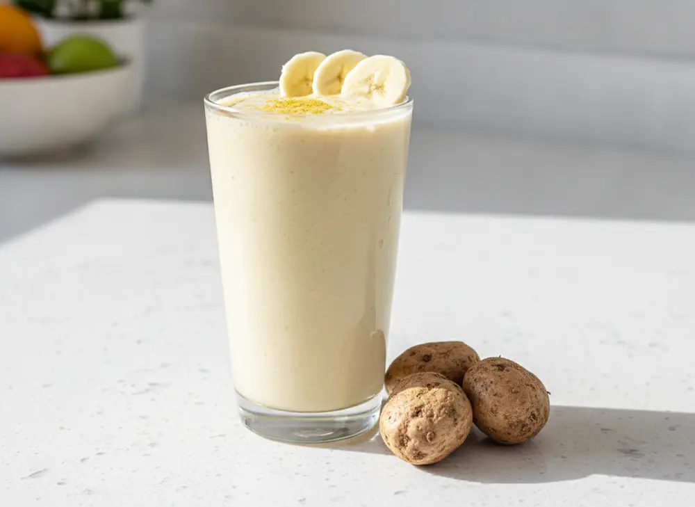 Banana smoothie with maca powder served in a glass next to maca roots