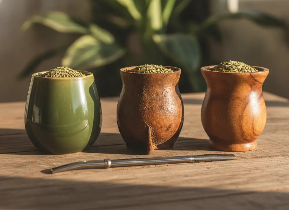 Three types of matero for yerba mate: ceramic, gourd and wooden with a bombilla