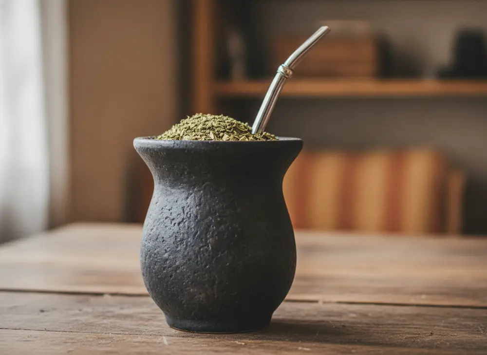 Ceramic matero with yerba mate leaves on a wooden table