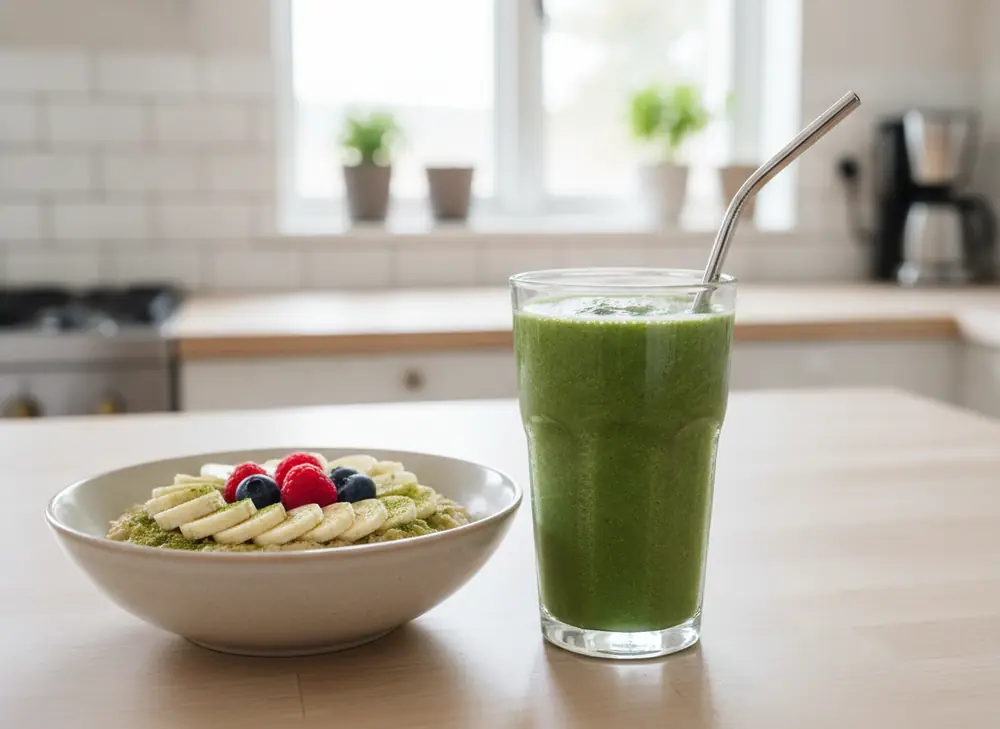 Green smoothie with moringa and porridge with moringa powder
