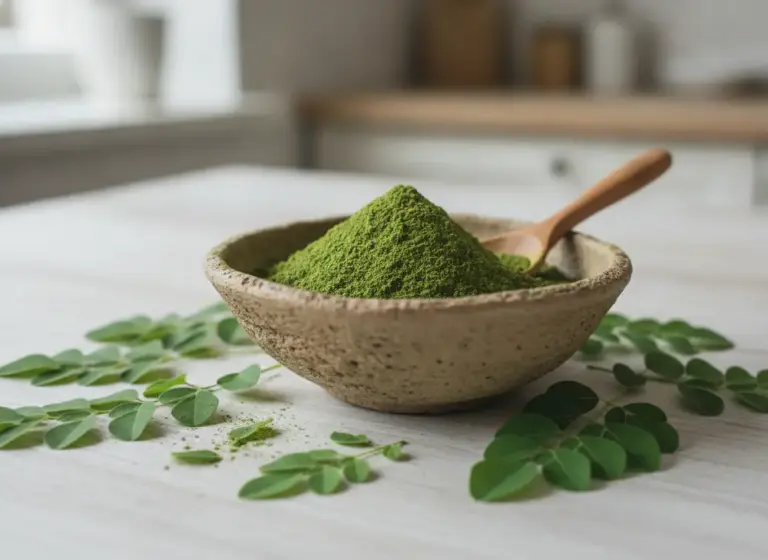 Moringa – green powder from moringa leaves in a ceramic bowl