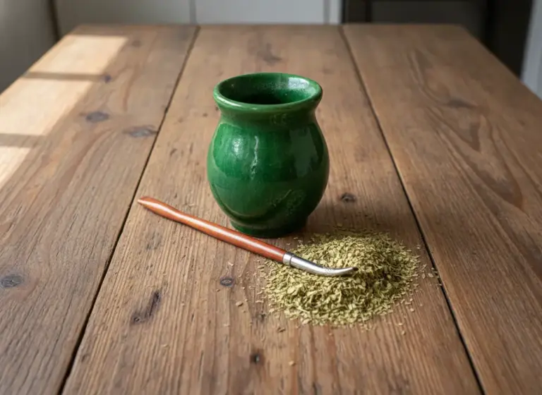 Green ceramic matero with a beech wood scoop and dried yerba mate leaves on a wooden table