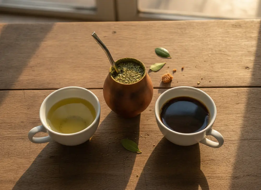 green tea, black coffee and yerba mate in a matero on a morning table
