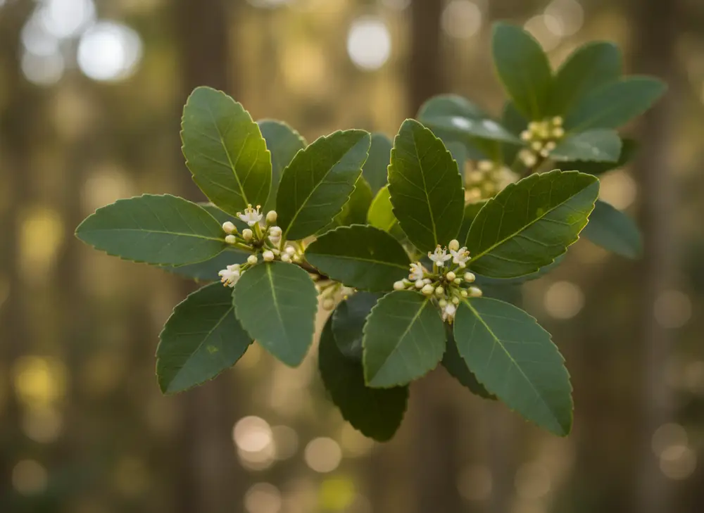 A branch of yerba mate holly with glossy leaves and small white flowers