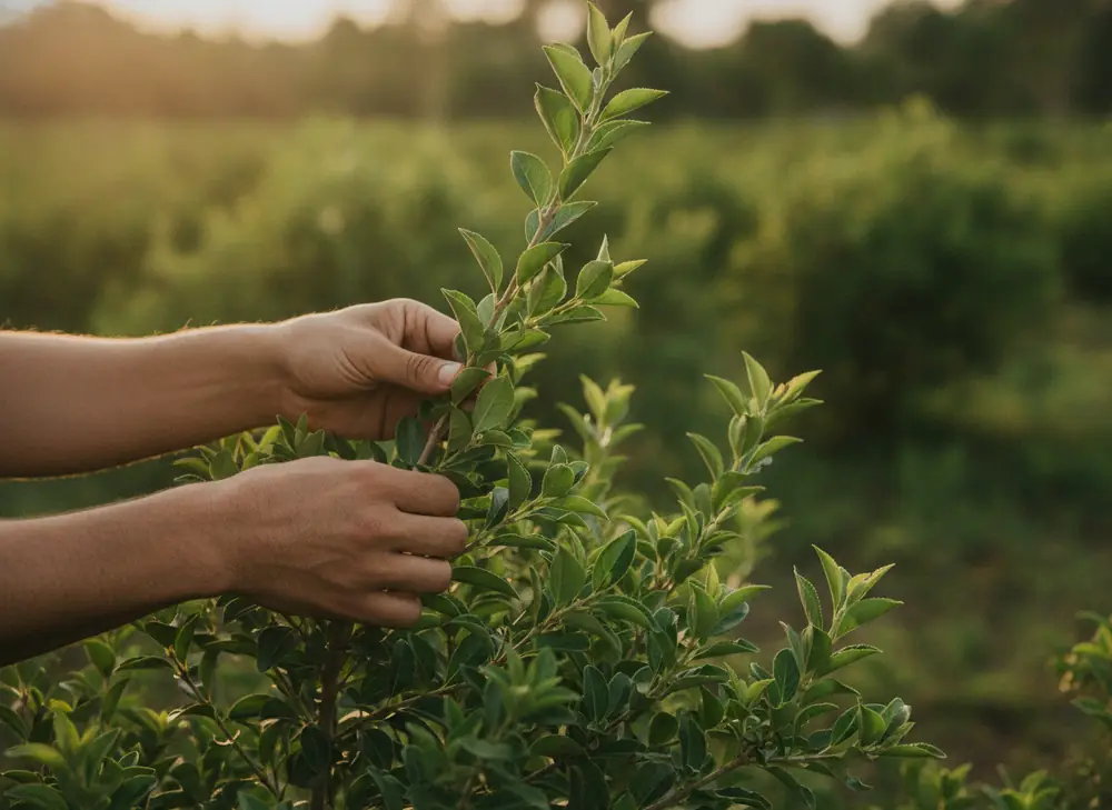 Hand-picking of Ilex paraguariensis leaves on a plantation in South America