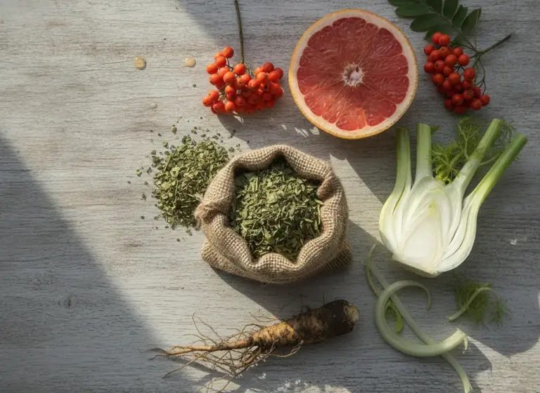 Fennel, dandelion, grapefruit and dried yerba mate leaves - ingredients for a bloated belly