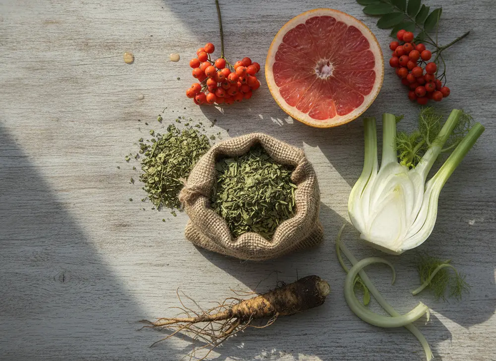 Fennel, dandelion, grapefruit and dried yerba mate leaves - ingredients for a bloated belly