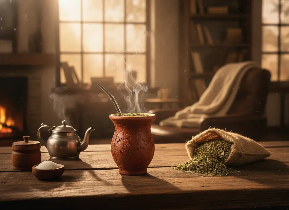 The ritual of brewing yerba mate in a matero with a bombilla, steam rising in the morning light