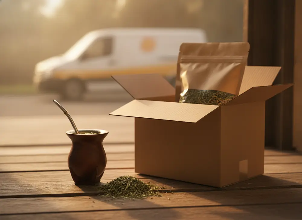 A parcel of yerba mate delivered to the door, next to a matero and bombilla, shipped from the Yerbador online shop