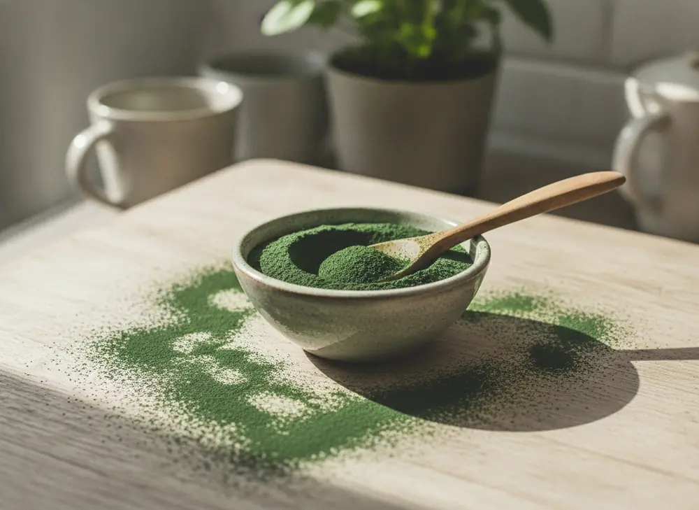 Dark green spirulina powder in a small bowl with a wooden spoon on a kitchen countertop