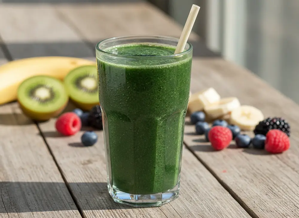 Green smoothie with spirulina in a glass with fruit in the background
