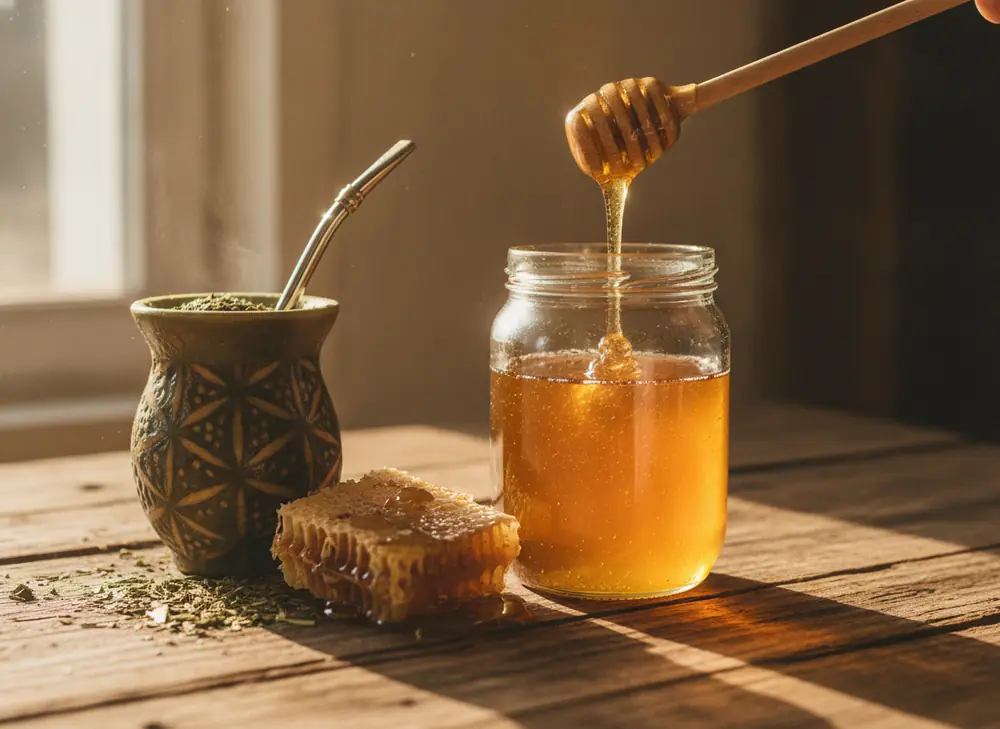 Rauwe honing in een potje naast een matero met yerba mate – een natuurlijk duo