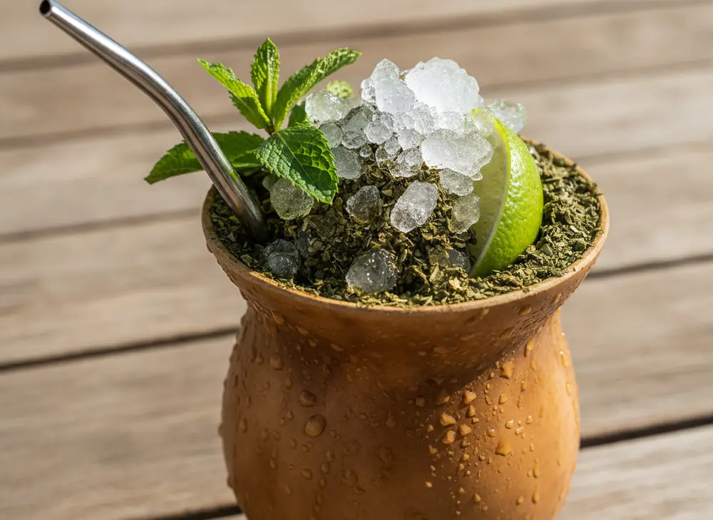 Guampa with tereré – ground yerba mate, crushed ice, fresh mint and lime, bombilla