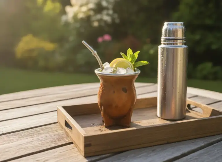 Tereré on the terrace in summer – guampa with ice and citrus next to a thermos of cold water