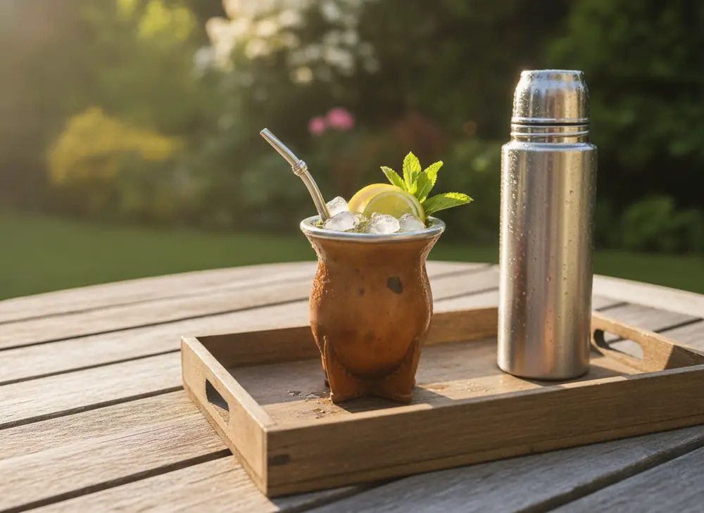 A glass of cold tereré made from yerba mate as a refreshment after a long flight in an airport lounge