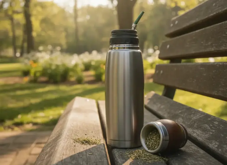 Yerba mate tumbler on a park bench, a vessel for drinking yerba on the go