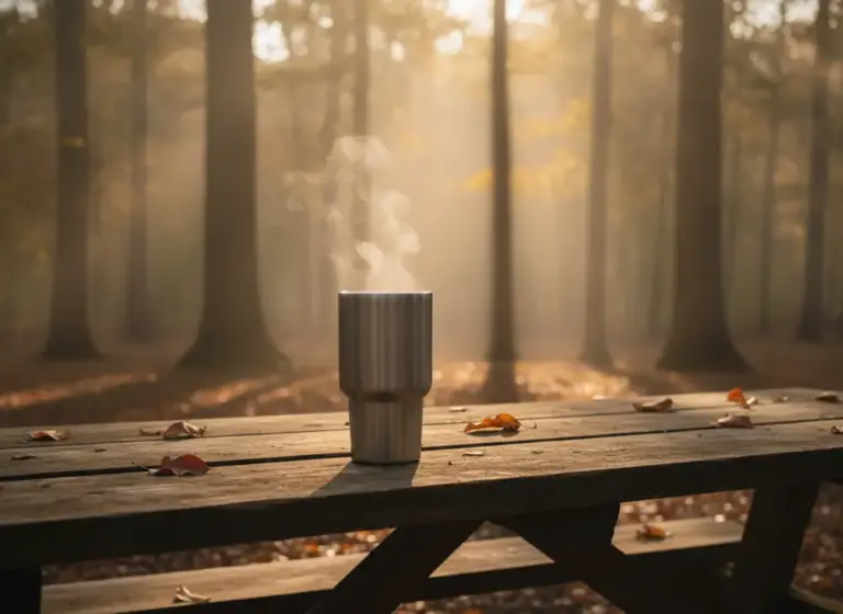 Yerba mate thermos while camping in the forest, steam rising from the hot drink