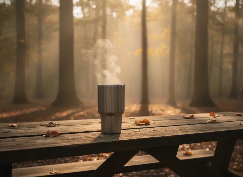 Yerba mate thermos while camping in the forest, steam rising from the hot drink