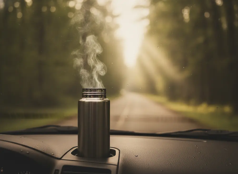 Yerbador thermos on a car dashboard during a morning trip