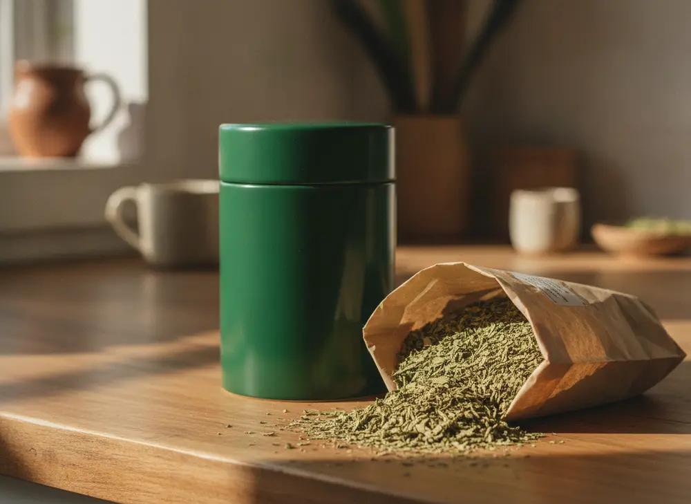 Airtight tube for storing yerba mate next to an open pack of dried leaves in the kitchen