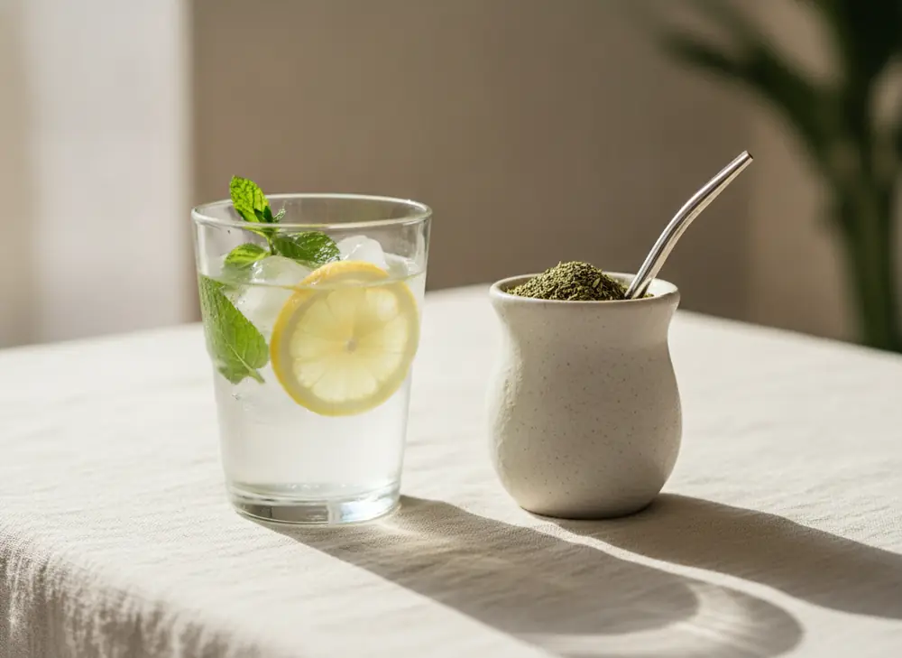 a glass of water with lemon and mint next to a cup of yerba mate infusion