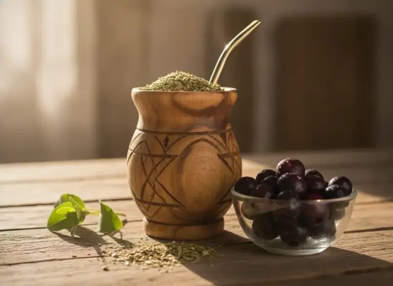 Matero with yerba mate next to a bowl of acai berries, a natural source of antioxidants for the skin