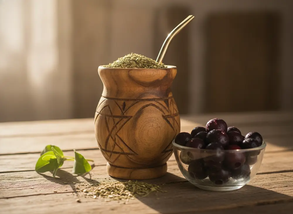 Matero with yerba mate next to a bowl of acai berries, a natural source of antioxidants for the skin