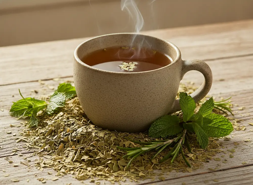 Brewed yerba mate infusion with herbs in a ceramic mug