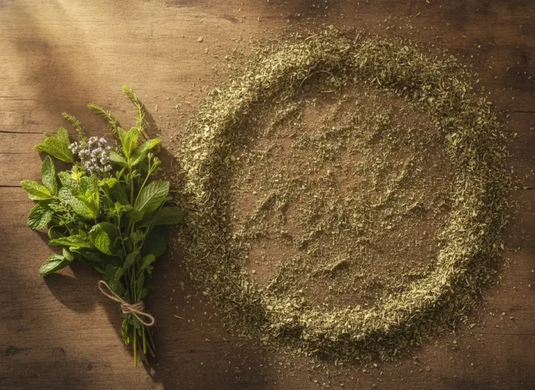 Dried yerba mate leaves and fresh herbs on a wooden table – natural ingredients for the liver