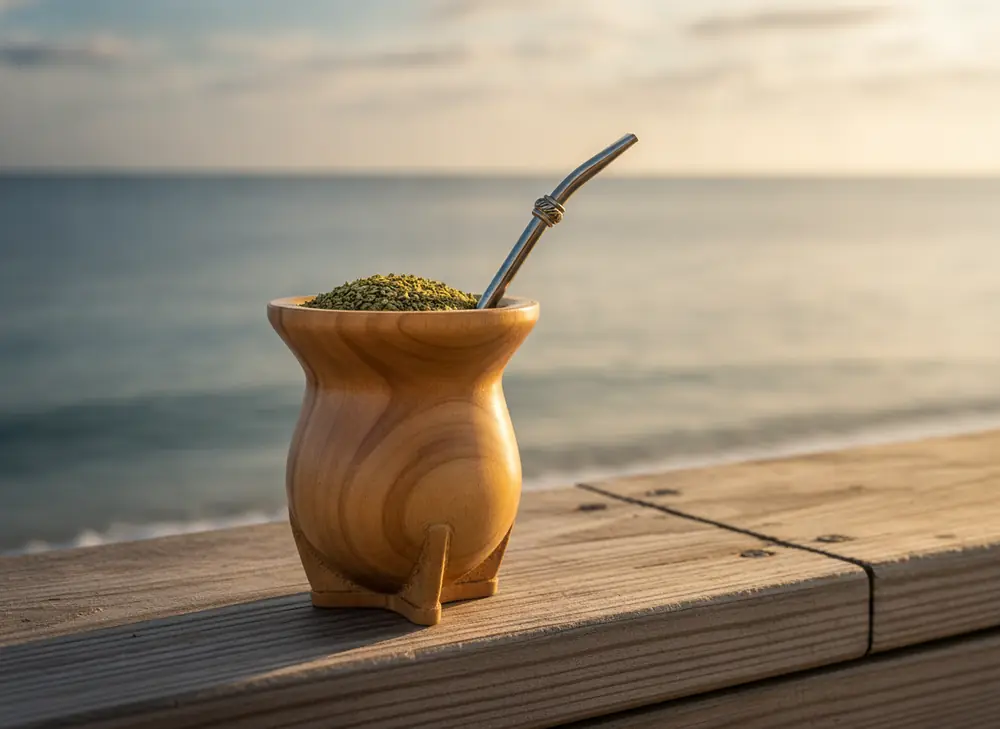 Matero with yerba mate and bombilla on a seaside boulevard – yerba mate Gdynia