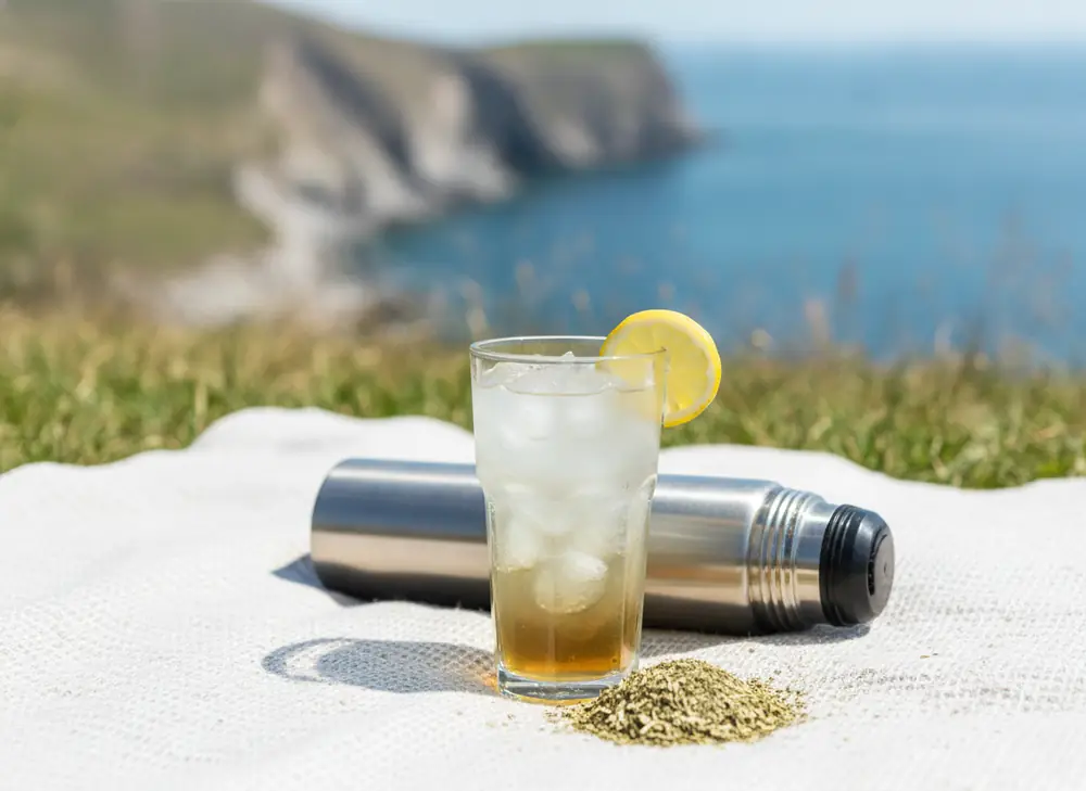 Cold yerba mate terere with ice and lemon against a cliff backdrop – Gdynia in summer