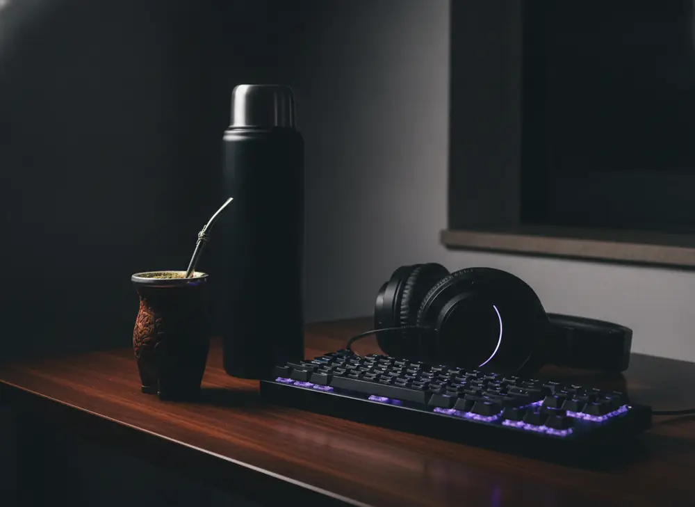 Matero with yerba mate and a thermos next to a backlit keyboard – Katowice, the city of esports