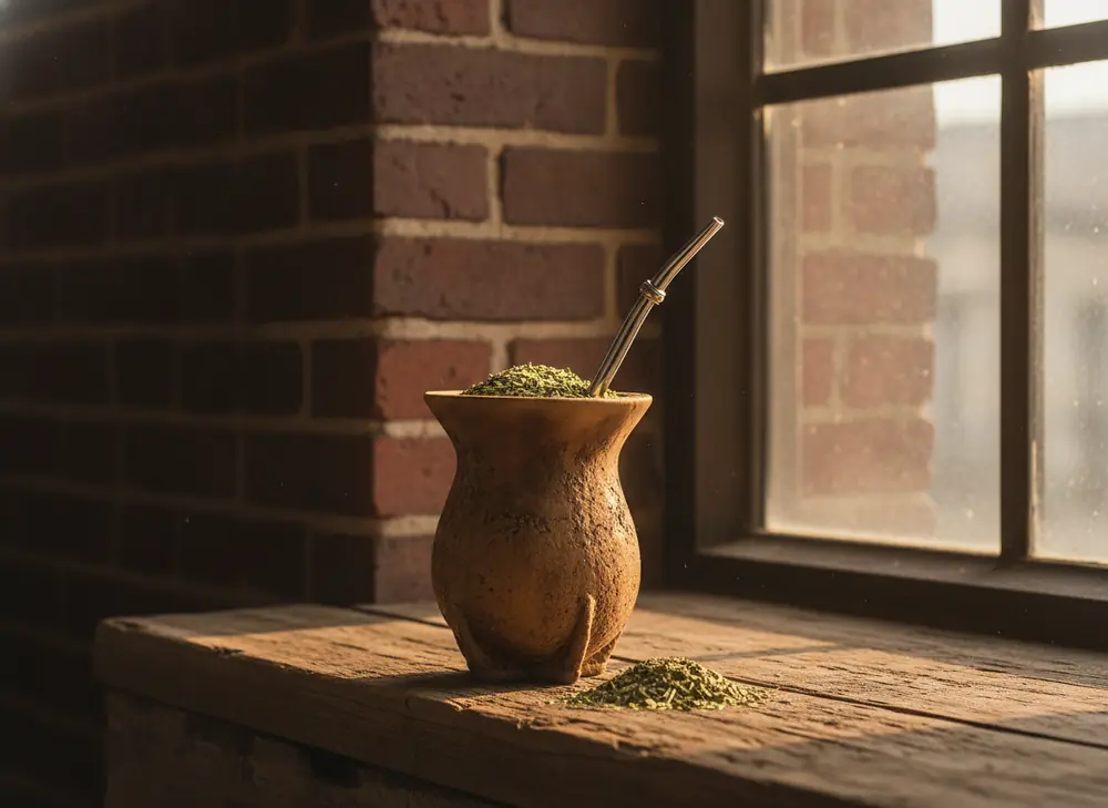 Matero with yerba mate on a windowsill against a brick wall – the vibe of Nikiszowiec in Katowice