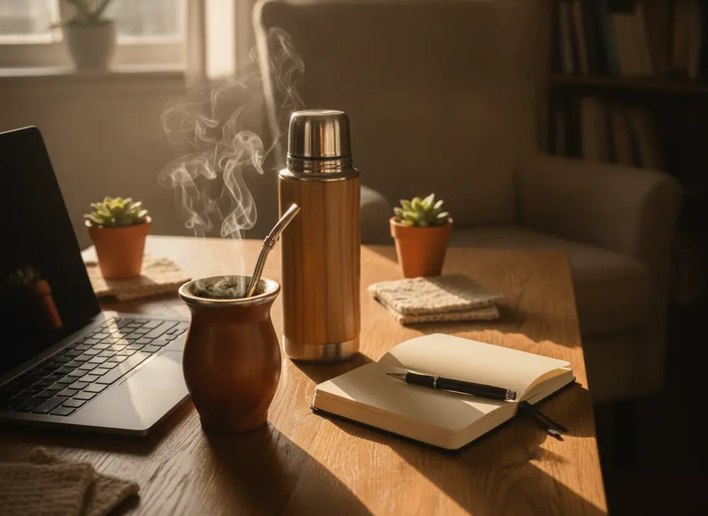 Matero with yerba mate and a thermos next to a laptop - steady caffeine energy for a full day of work