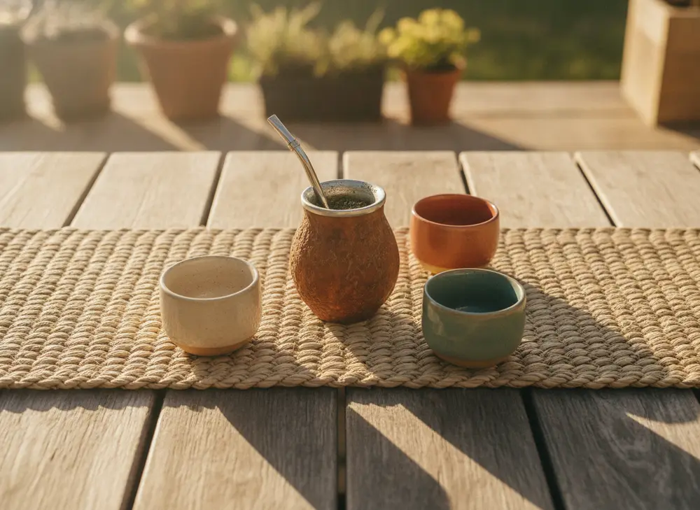 A matero with a bombilla and a few empty cups arranged in a circle on a terrace – the ritual of drinking yerba mate together