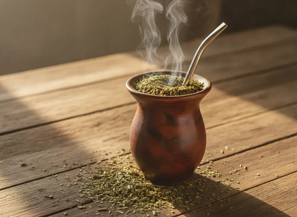 Yerba mate and calcium - steaming matero with infusion, only the liquid ends up in the cup, the dried leaves stay in the vessel