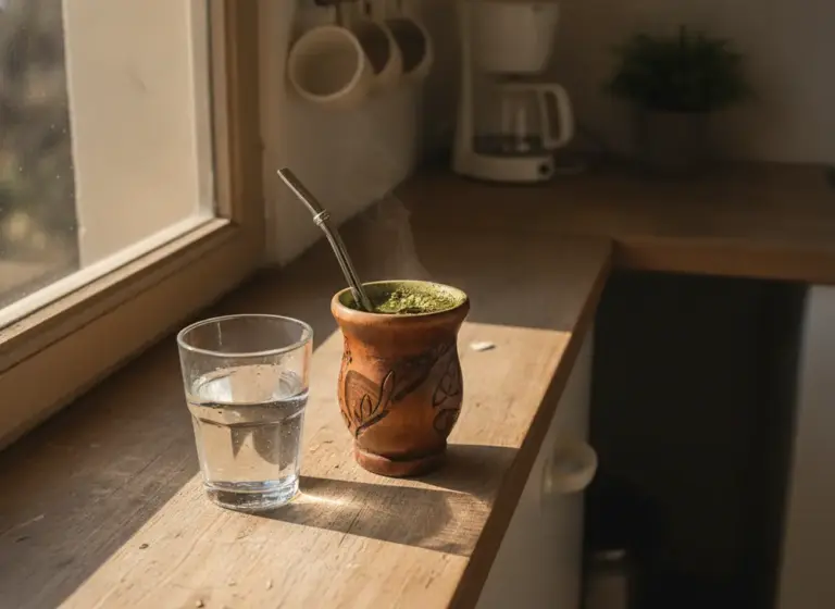 Calabash with steaming yerba mate on the windowsill in the morning, next to a glass of water